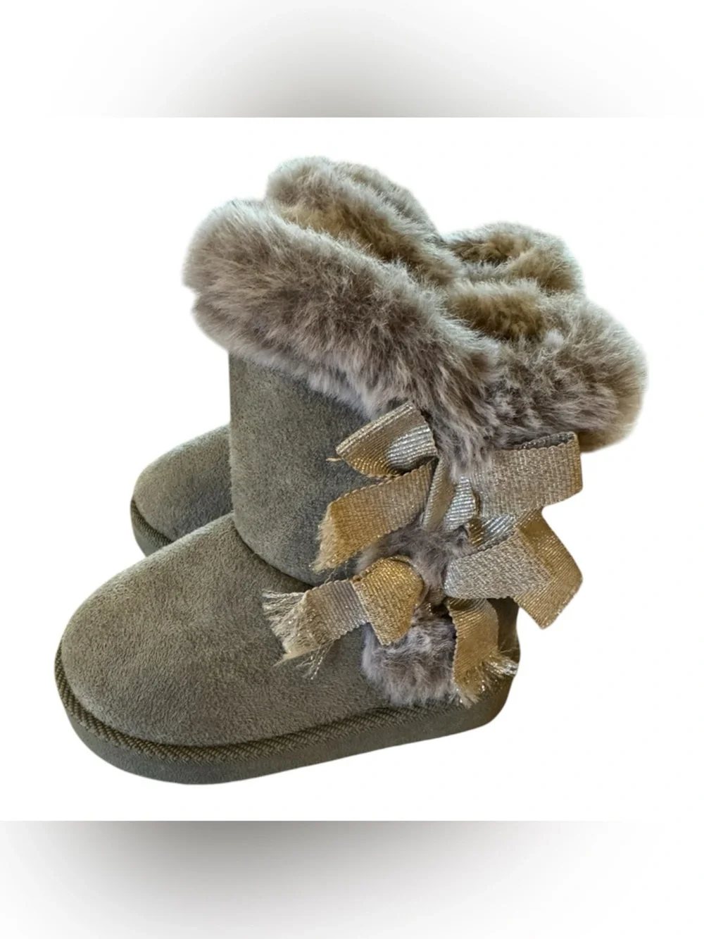 Baby Girl Faux Fur Bow Grey Booties Size 3 Cozy